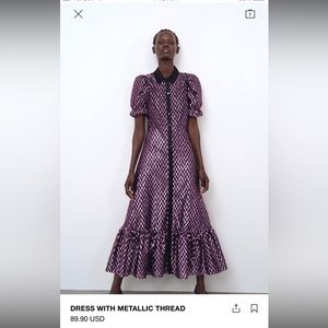 Zara purple and black button up collar dress with metallic thread.